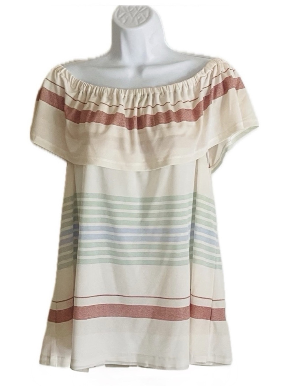 Maurices Cream Off-Shoulder Top with Rose and Sage Stripes